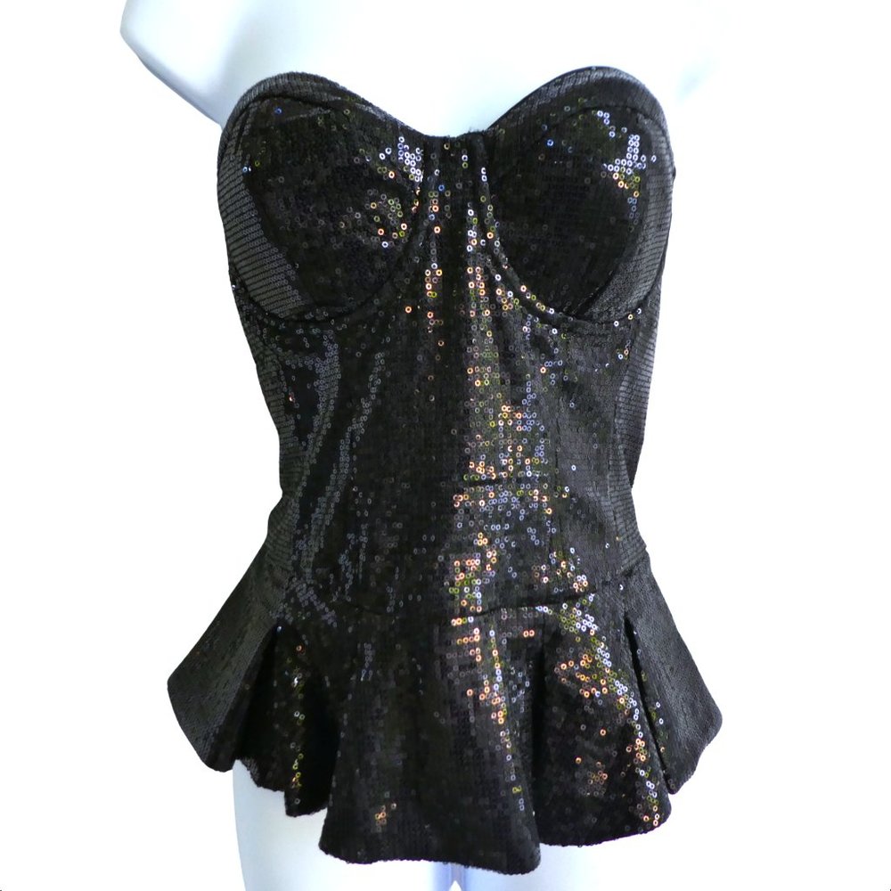 Bebe Sequin Bustier Top Black Underwire Boning Pleated Peplum Full Zip Back L